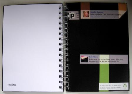 Inside the back cover of a recycled poster notebook made from a Women's Refuge Adshel poster to help them fundraise.